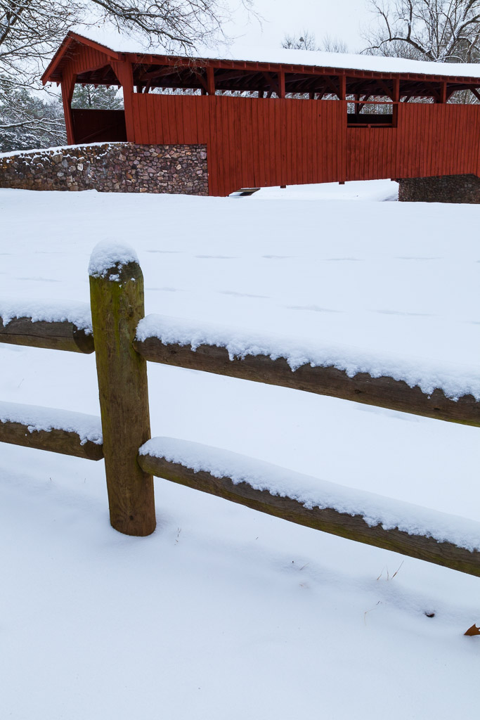 Covered bridge after snowfall, Burns Park, Arkansas
