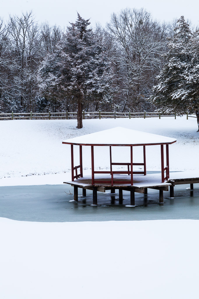 Snow on the pavillion and trees, Burns Park, Arkansas